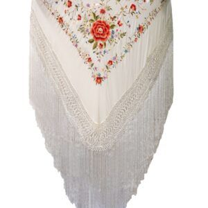 Mantón de Manila en blanco con bordado en tonos suaves