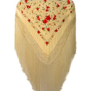 Mantón de Manila en beige con bordado en tonos vivos